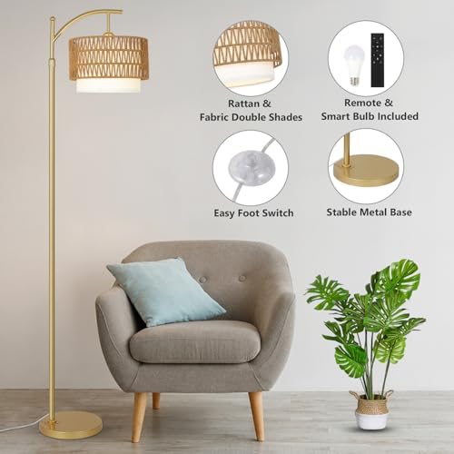 Gold Floor Lamps for Living Room with Remote & Dimmable LED Bulb, Modern Arc Floor Lamp with 3 Color Temperatures, Boho Standing Lamp with Rattan & Fabric Shades, Adjustable Tall Lamp for Bedroom - Image 3
