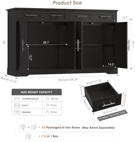 HOSTACK 60" W Sideboard Buffet Cabinet with Storage, Kitchen Cabinet, Black - Image 3
