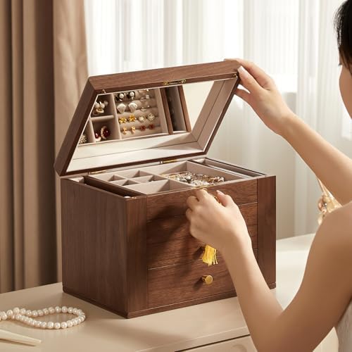 CHOSIN Black Walnut Wooden Jewelry Box for Women with Lock, Mirror, 4 Layer - Image 5