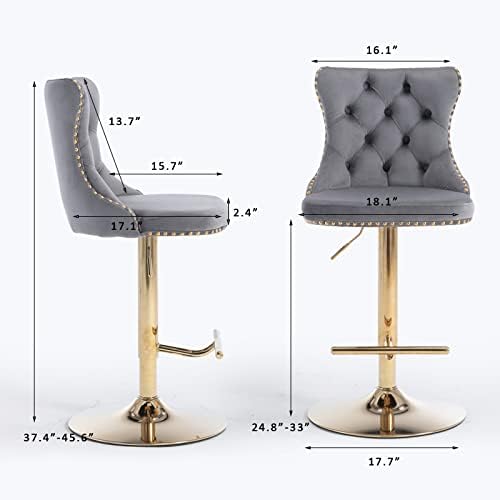 SoarFlash Velvet Bar Stool Set of 2, Adjustable Swivel Bar Stools with Gold Plated Metal Leg, Button Tufted, Footrest, Chrome Nailhead,Counter Height Chair for Kitchen, Bar, Dining Room (Grey) - Image 2