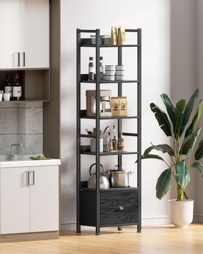 Furologee 6 Tier Bookshelf, Tall Shelf with Drawer, Wood and Metal Bookshelves Storage Organizer, Industrial Display Shelving Unit for Bedroom, Living Room, Home Office, Black Oak - Image 6
