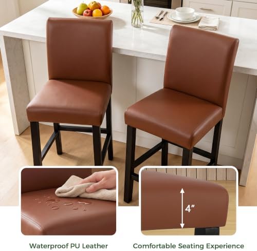 LSSPAID Counter Height Bar Stools Set of 4, 25 Inch Faux Leather Barstools, Modern Bar Chairs with Solid Wood Frame for Kitchen Island, Camel Brown - Image 5