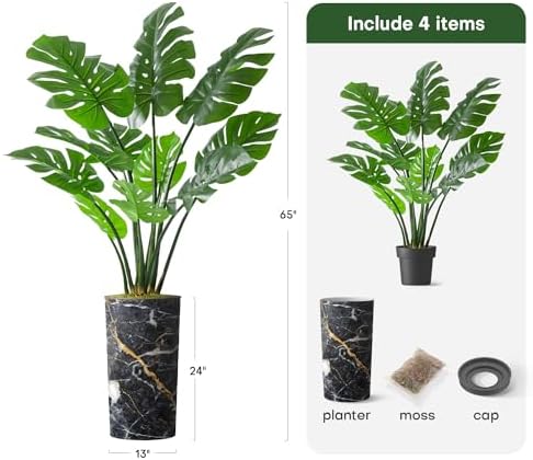 Artificial Tree in Modern Granite Effect Planter, Fake Monstera Silk Tree for Indoor and Outdoor Home Decoration - 65" Overall Tall (Plant Pot Plus Tree) - Image 3