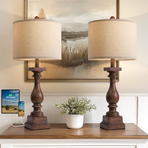 BOBOMOMO 27" Farmhouse Living Room Lamps with USB-A +C Ports, Vintage Rustic Bedside Night Stand Lamps Set of 2, Linen Shade, Retro Side Table Lamps for Living Room, Bedroom (Blubs not Included) - Image 6