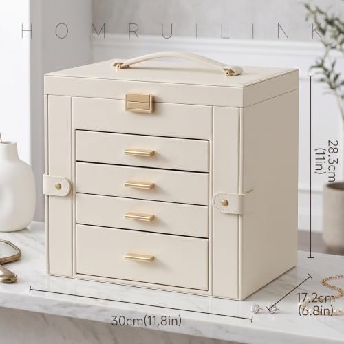 Large Leather Jewelry Box for Women, Mirror, 5 Layer, White - Image 2