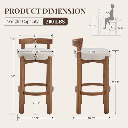 LukeAlon Mid Century Linen Bar Stools Set of 4, 30.25" Seat Height Upholstered Barstools with Wood Legs Modern Tall Bar Chair with Curved Low Back Round Footrest for Pub Home Kitchen Island, Beige - Image 2