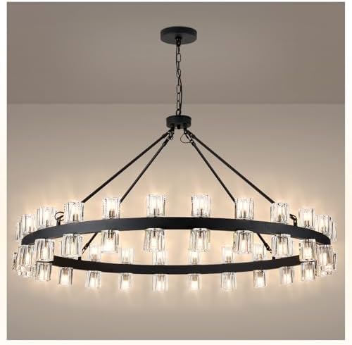 48 Inch Black Wagon Wheel Chandelier with Crystal Shade, 48 Lights, Modern Farmhouse Style, Ideal for Dining Room, Kitchen, Entryways by AEULYTIR