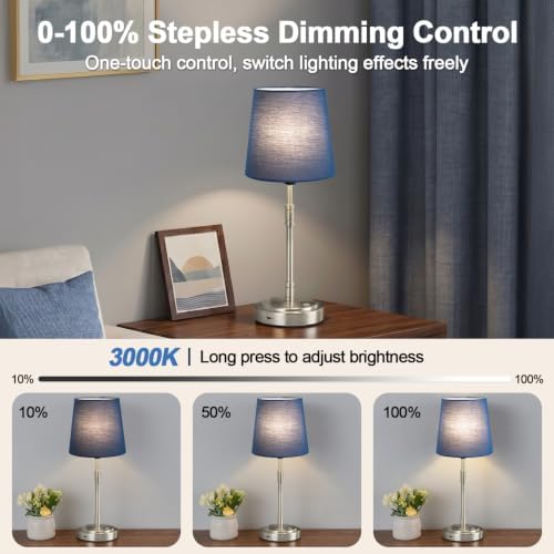 Cordless Table Lamps Set of 2 – Battery Operated Lamp with 7500mAh Rechargeable Battery, Stepless Dimmable Brushed Nickel Lamps with Blue Shade, Wireless Lamps for Dining Room (Bulbs Included) - Image 4