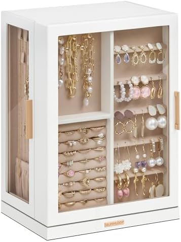 Glimmloop 360° Rotating Jewelry Box with 7 Drawers, Spacious Vertical Jewelry Organizer with Glass Window, Jewelry Storage Case, Dustproof & Moisture-resistant Design, White by Glimmloop