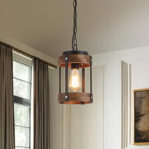 2 Pack Rustic Farmhouse Wood Pendant Light Fixture One-Light Adjustable Chain Oak Wood and Metal Drum Cage Small Pendant Lighting for Kitchen Island Sink Hallway Farmhouse Bathroom Bar, Black - Image 7