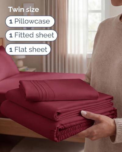 Twin Size 3 Piece Sheet Set - Comfy Breathable & Cooling Sheets - Burgundy - Image 3