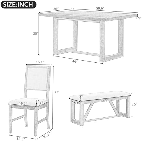 VilroCaz 6-Piece Vintage Dining Table Set, Acacia Wood Rectangular Dining Table with Designed Trestle Base and 4 Upholstered Chairs&1 Bench, Retro Kitchen Dining Room Table Set of 6 (Natural-Desig) - Image 4
