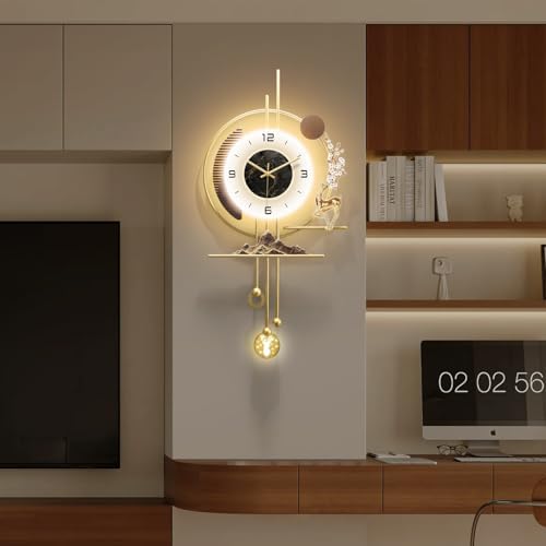 Modern Wall Clock for Living Room,Large Gold Decorative Wall Clock with light,Creative Silent Clock Battery Operated for Kitchen/Entryway/Bedroom/Office/Dinning Room Metal Wall Decor (15.7"Wx31.5L) by HEBOIXHOMEDECOR