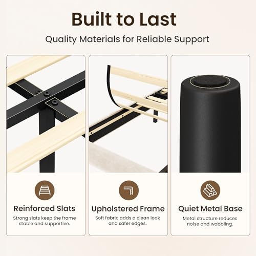 GRUSIGN Twin Size Platform Bed Frame with Velvet Headboard, Adjustable Height Wooden Slats Support, Upholstered Mattress Foundation, Fits Mattress or Mattress with Box Spring, Easy Assembly, Beige - Image 6