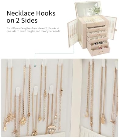 Large Jewelry Holder Organizer, 6 Layer Jewelry Box for Women Jewelry Storage Case With Handle, Gift for Christmas New Year, Apricot - Image 5