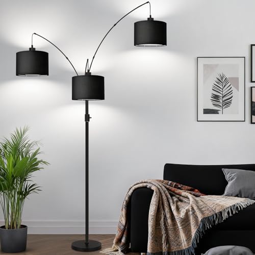Dimmable Floor Lamp - 3 Lights Arc Floor Lamps for Living Room,Modern Tall Standing Tree Lamp with Black Linen Shade & Heavy Base,Mid Century Floor Lamp for Bedroom Corner Office, 3 LED Bulbs Included by EnjoyingABetterLife