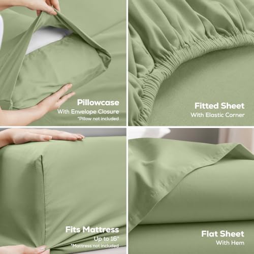 Queen Sheets Set, 4 Pieces 16" Deep Pocket Hotel Luxury Bed Sheets, Sage - Image 3
