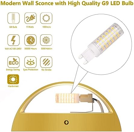 Aipsun 2 Pack Brushed Gold Wall Sconce Indoor Wall Lights Hardwired Up and Down Wall Mount Light for Living Room Bedroom Hallway Corridor Conservatory Warm White 3000K(with G9 Bulbs) - Image 4