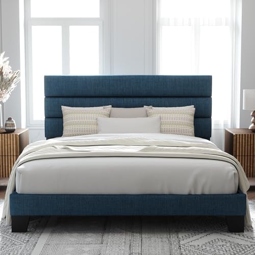 Allewie King Size Platform Bed Frame with Fabric Upholstered Headboard Blue by Allewie