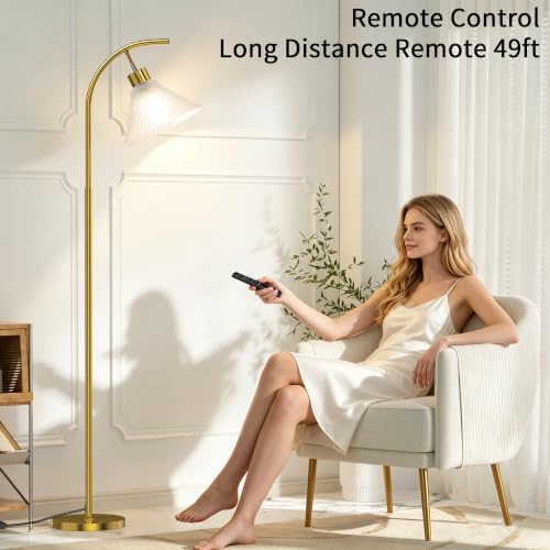 SIBRILLE Gold Floor Lamp with Remote, Dimmable Glass Arc Standing Lamp, Ribbed Frosted Glass Shade, 3 Color Temperatures, Foot Switch, 9W LED Bulb for Living Room Bedroom Office - Image 5