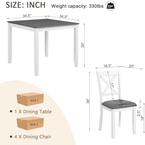 Harper & Bright Designs 5-Piece Wood Dining Table Set for 4, Kitchen Furniture Set with 4 High Back Upholstered Dining Chairs for Small Places,White+Gray - Image 2