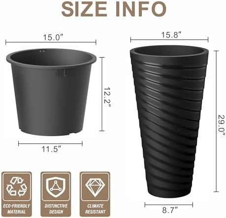 Kante Set of 2 Black Plastic Round Planters 29" Tall Home & Outdoor - Image 2