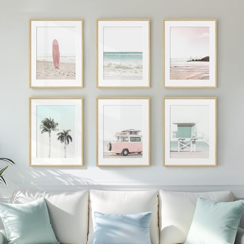 Framed Pink and Mint Green Coastal Beach Wall Art for Living Room, 11x14 In - Image 2