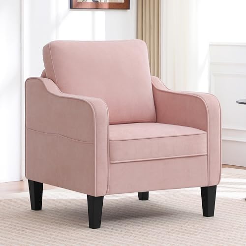 Accent Chair for Living Room, Mid Century Modern Reading Chair for Bedroom, Upholstered Armchair with Side Pockets, Comfy Single Sofa Side Chair for Office, Apartment, Small Room, Pink by choairy