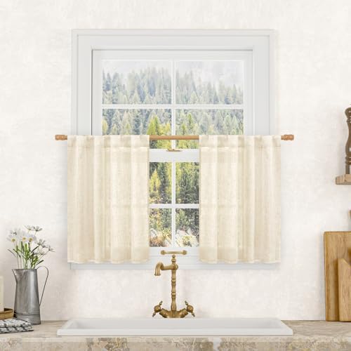 LAMIT Beige Semi Sheer Linen Curtains 24 Inch Length for Cafe, 2 Panels by LAMIT