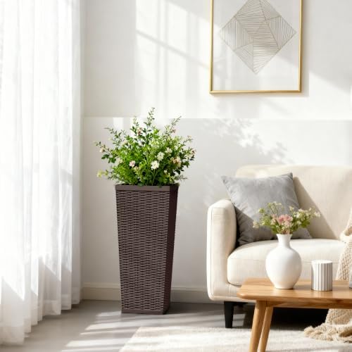 30 Inch Tall Plastic Planters(Set of 2) with Drainage Holes, Brown - Image 2