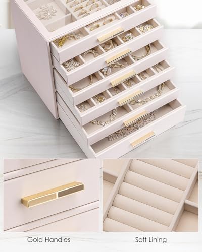 VLANDO 6 Layer Jewelry Box for Women, Glass Lid Jewelry Organizer with 6 Drawers for Necklaces Rings Earrings Bracelets - Light Pink - Image 5