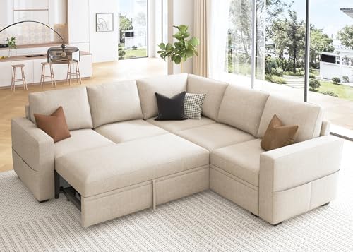 HONBAY Modular Sectional Sleeper Sofa with Pull Out Bed, L Shaped Couch with Storage Seat, Convertible Sectional Couches for Living Room, Beige by HONBAY