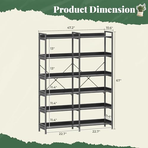Huuger 6 Tier Bookshelf, Display Bookshelf with 12 Open Shelves and Raised Baffle, 47.2 Inch Straight Wide Bookcase with Metal Frame and Wooden Board, Adjustable Feet, Black, 1BC010B - Image 2