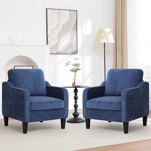 Accent Chairs Set of 2, Upholstered Living Room Chairs with Side Pockets, Mid Century Modern Reading Chair for Bedroom, Comfy Armchair Single Sofa Side Chair for Office, Small Room, Blue by choairy