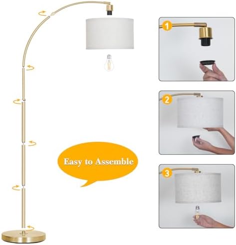 DWTB Gold Arc Floor Lamp for Living Room, Floor Lamp with Adjustable Drum Lampshade, Modern Tall Standing Lamp with Foot Switch, Over Couch Arched Pole Lamps for Reading Bedroom, 8W LED Bulb Included - Image 5