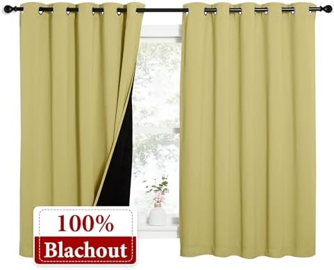 NICETOWN 100% Blackout Curtains with Black Liners, Thermal Insulated Full Blackout 2-Layer Lined Drapes, Energy Efficiency Window Draperies for Bedroom (Paler Yellow, 2 Panels, 62-inch W by 63-inch L) - Image 2