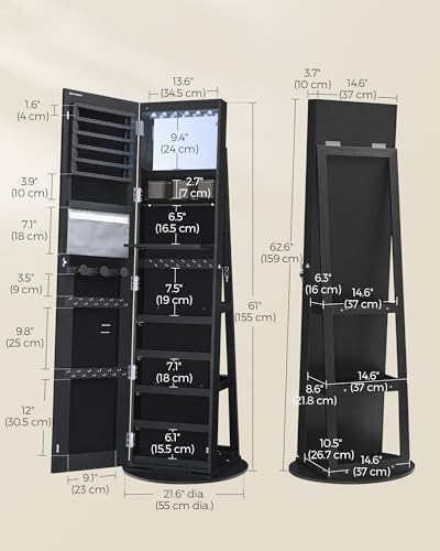 SONGMICS LED Mirror Jewelry Cabinet Standing, Adjustable Lights, Lockable - Image 6