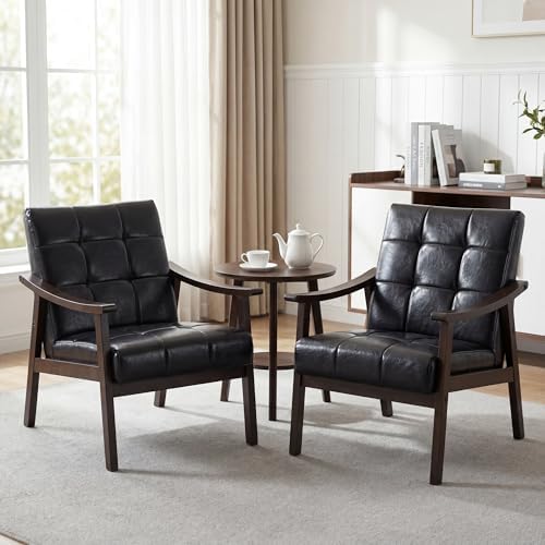 Leather Accent Chair, Mid Century Modern Armchair, Solid Wood Arm Chair, Upholstered Comfy Reading Chair for Living Room, Bedroom, Waiting Room, Black - Image 7