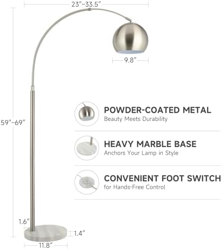 CO-Z Modern Floor Lamp for Living Room, Brushed Nickel Arc Floor Lamp with LED Bulb, Marble Base Contemporary Tall Lamp for Living Room Couch Sofa, Height Up to 69 Inch - Image 5