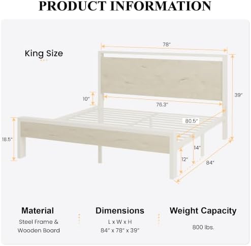 SHA CERLIN 14 Inch King Metal Platform Bed Frame with Wooden Headboard and Footboard, No Box Spring Needed, Large Under Bed Storage, Heavy Duty Slats Support, White Washed Oak - Image 2