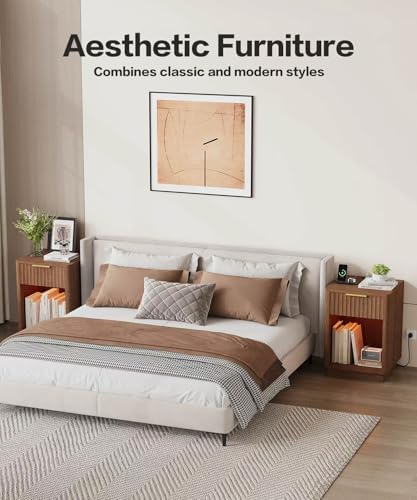 Akxomel Fluted Nightstand Set 2 Bedside Table with Charging Station Walnut - Image 4
