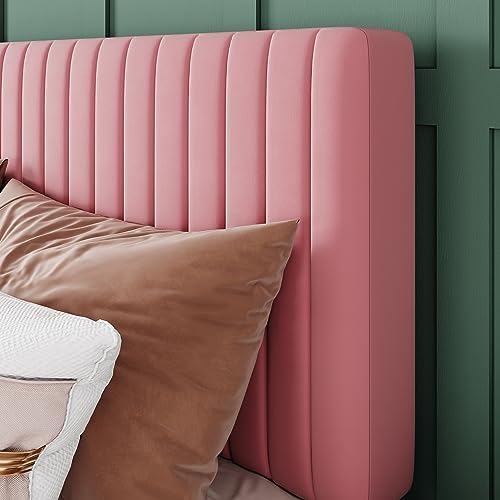 Allewie King Bed Frame, Velvet Upholstered Platform Bed with Adjustable Vertical Channel Tufted Headboard, Mattress Foundation with Strong Wooden Slats, Box Spring Optional, Easy Assembly, Pink - Image 4