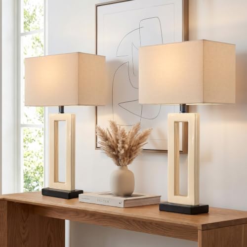 22" Modern Ceramic Table Lamps Set of 2, Cream Crackle Glaze Hollow Bedside Lamps with Linen Shade, 5ft Cord Rotary Switch E26 Base Nightstand Lamps for Bedroom Living Room Entryway Decor by VORTETHER