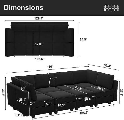 Belffin Modular Sectional Sofa with Storage Chaises Sleeper Couch 8 Seat Sectional Sofa Bed Black - Image 2