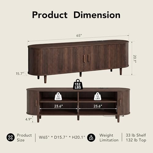 MXV 65" TV Stand with Sliding Doors for Living Room, Mid Century Modern Entertainment Center, TV Console with Fluted Door Cabinets and Power Outlet, Walnut - Image 6