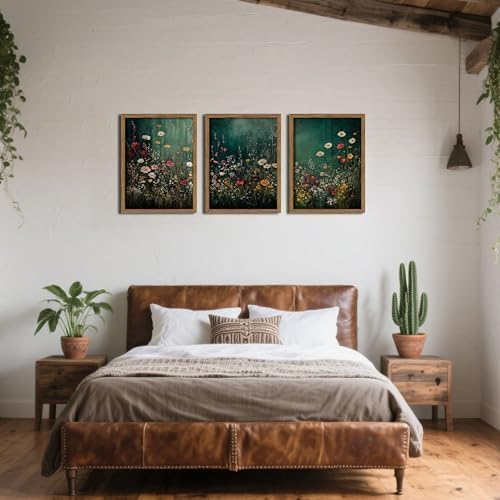 Vintage Wildflower Wall Art Set of 3, Moody Dark Green Flower Botanical Wall Decor Paintings,Nature Floral Farmhouse Landscape Posters Prints Pictures for Living Room Bedroom 16x24 Inch Wood Framed - Image 5