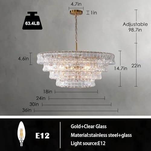 Modern 36-Inch Round Gold Chandelier, Clear Glass Drum Pendant Light for Dining Room, Large Ceiling Fixture for Living Room & Bedroom - Image 2