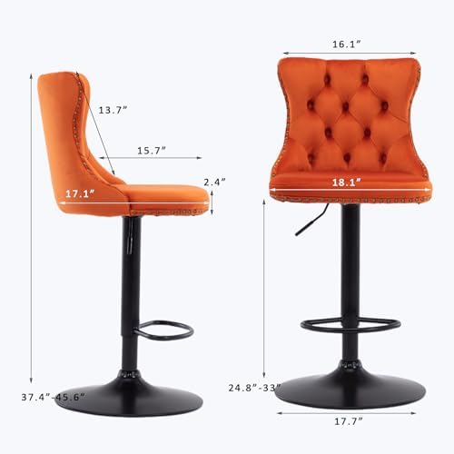 SoarFlash Velvet Bar Stool Set of 4, Adjustable Swivel Bar Stools with Black Metal Leg, Button Tufted, Footrest, Chrome Nailhead, Counter Height Chair for Kitchen, Bar, Dining Room (Orange) - Image 2