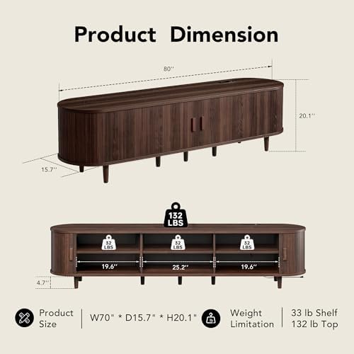 MXV 80" TV Stand with Sliding Doors for Living Room, Mid Century Modern Entertainment Center, TV Console with Fluted Door Cabinets and Power Outlet, Walnut - Image 5
