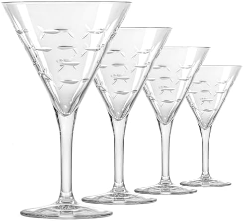 Rolf Glass School of Fish Martini Glass | Stemmed 7.5 oz. Martini Glasses | Lead-Free Glass | Diamond-Wheel Engraved Cocktail Glasses | Made in the USA (Set of 4) by RolfGlass